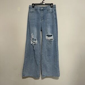 Shein Womens Size Large Blue Light Wash Distressed Wide Leg Boyfriend Jeans